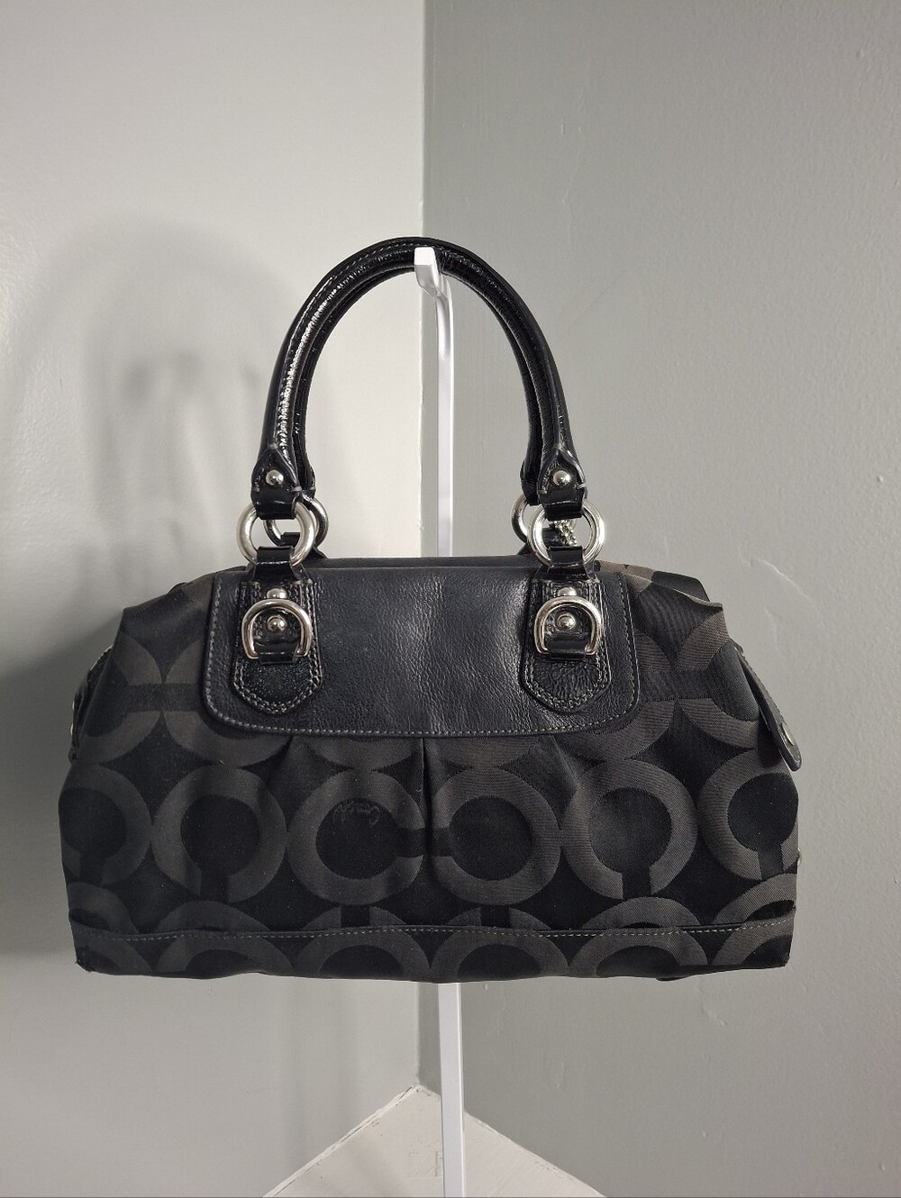 Coach Madison Op Art Sabrina Satchel Bag Black Gray Jacquard Patent Leather EUC - Picture 2 of 6